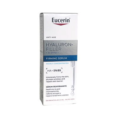 Caixa de sérum firmador Eucerin Hyaluron-Filler com HA + 5% B5 e texto explicativo