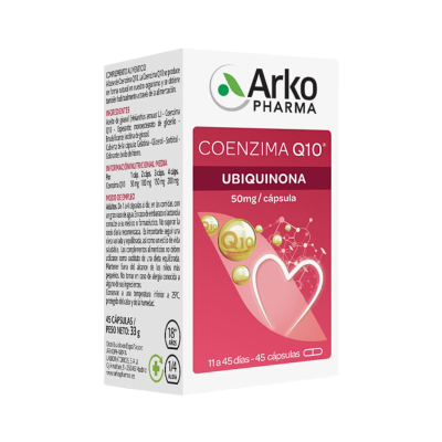 Embalagem de suplemento Coenzima Q10 Arko Pharma com texto em espanhol e design rosa e branco