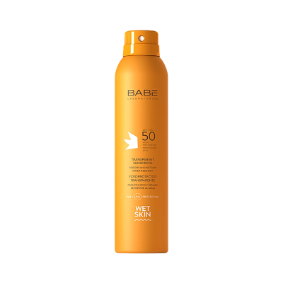 Frasco laranja de protector solar spray BABÉ LABORATORIOS SPF 50