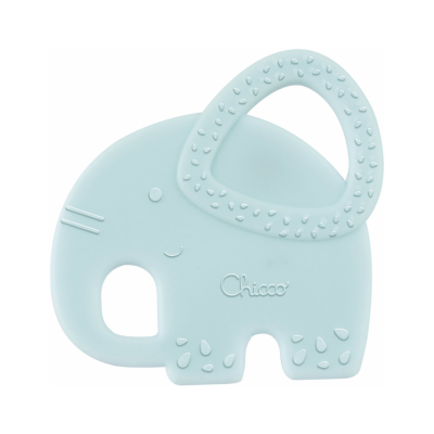 Mordedor azul claro em forma de elefante com textura e buraco para mão