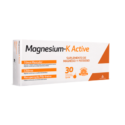 Embalagem do suplemento Magnesium-K Active em branco e laranja