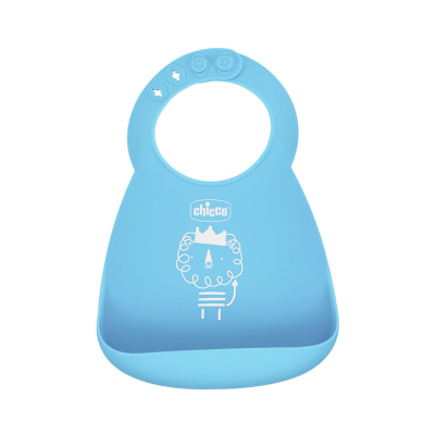 Babete azul em silicone com bolso e desenho de leão