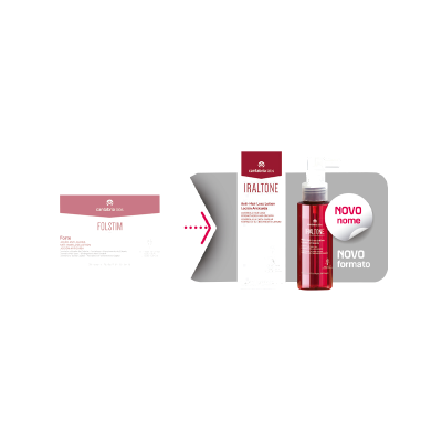 Produtos cantabria labs FOLSTIM e IRALTONE com indicação de novo nome e formato