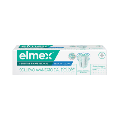Caixa de pasta de dentes Elmex Sensitive Professional em branco e verde com texto e imagens de dentes.