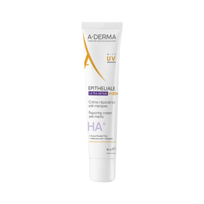 Tubo branco de creme A-DERMA EPITHELIALE com SPF 50+, 40 ml