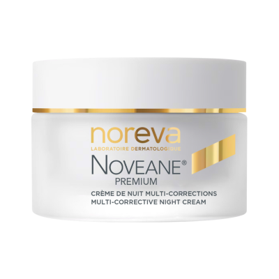 Pote branco com tampa e detalhes dourados contendo creme Noreva Noveane premium