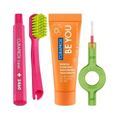 Conjunto de higiene oral com escova, pasta de dentes Curaprox BE YOU e fio dental