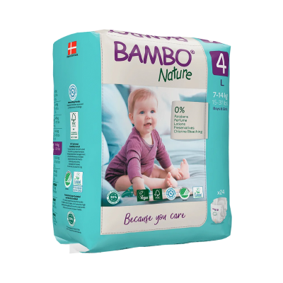Pacote de fraldas BAMBO Nature tamanho 4 com imagem de bebé e certificações ambientais