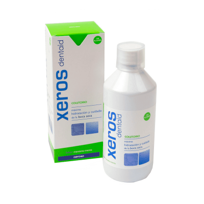 Frasco e caixa do colutório Xeros dentaid para boca seca