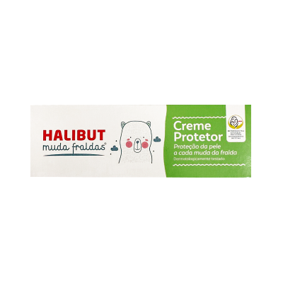 Embalagem do creme protetor Halibut muda fraldas com ilustração de urso