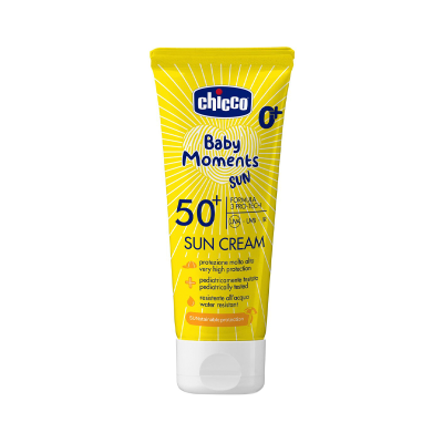 Frasco amarelo com tampa branca de creme solar Chicco Baby Moments Sun fator 50+