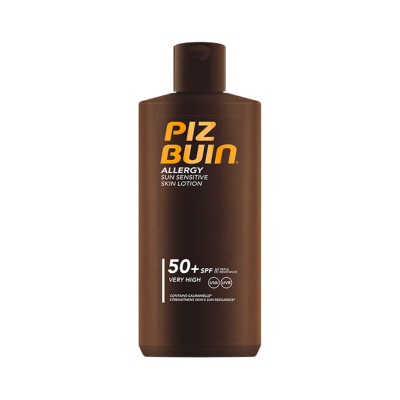 Frasco castanho de loção solar Piz Buin Allergy SPF 50+