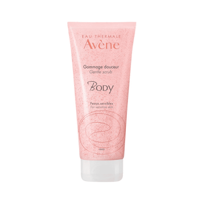 Bisnaga rosa de esfoliante corporal Avène com partículas esfoliantes e tampa branca