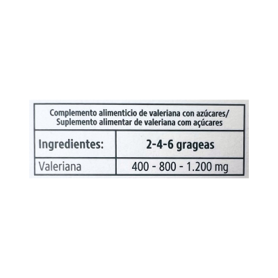 Rótulo de suplemento alimentar de valeriana com ingredientes e dosagens em português e espanhol