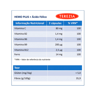 Tabela nutricional do suplemento HEMO PLUS + Ácido Fólico da TEREZIA