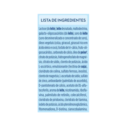 Lista de ingredientes em fundo azul claro com texto azul escuro.