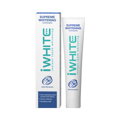Pasta de dentes iWhite Supreme Whitening em embalagem e tubo brancos