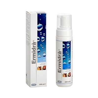 Spray para animais Ermída 200 ml com embalagem branca e azul e gotas de água