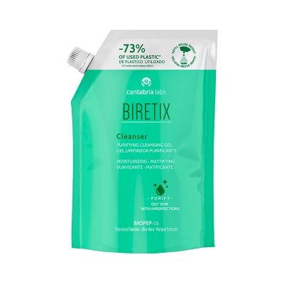 Embalagem verde e branca de gel purificante BIRETIX Cantabria Labs
