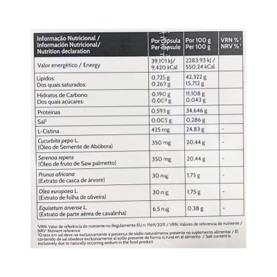 Tabela nutricional com ingredientes e valores por cápsula e por 100g