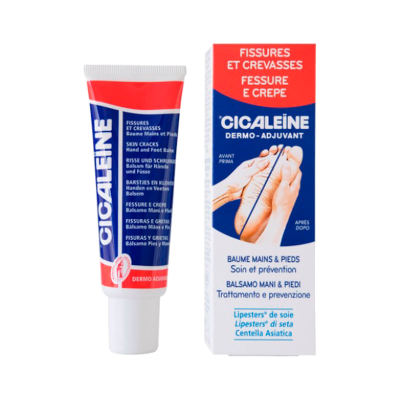 Bálsamo para mãos e pés Cicaleine em tubo com embalagem com texto e imagens de pés