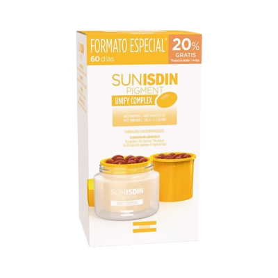 Embalagem de suplemento alimentar SUNISDIN Pigment Unify Complex com cápsulas vermelhas