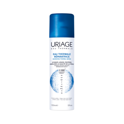 Frasco branco de 150 ml com tampa azul de água termal reparadora Uriage