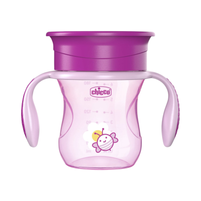 Copo de treino para bebé cor-de-rosa com tampa roxa e pegas laterais