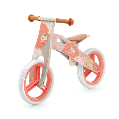 Bicicleta de equilíbrio para crianças de madeira laranja e bege com rodas brancas e detalhes laranja