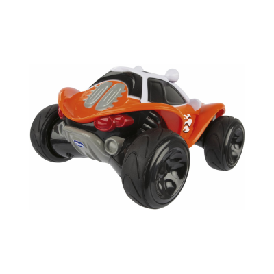 Carro de brinquedo laranja com quatro rodas grandes pretas