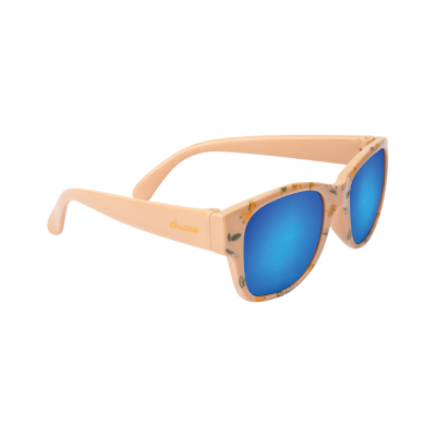 Óculos de sol cor de pele com lentes azuis espelhadas e decoração colorida