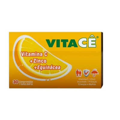 Embalagem amarela de comprimidos VITACÊ com laranja e texto de vitamina C, zinco e equinácea