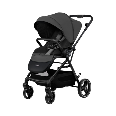 Carrinho de bebé preto com toldo e cesto de armazenamento