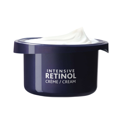 Recipiente azul de creme com texto INTENSIVE RETINOL CRÈME / CREAM
