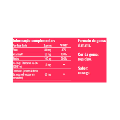 Rótulo vermelho com informação nutricional e descrição das gomas cor rosa claro sabor morango.