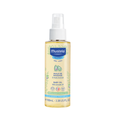 Frasco de óleo para bebé Mustela com tampa branca e líquido amarelo