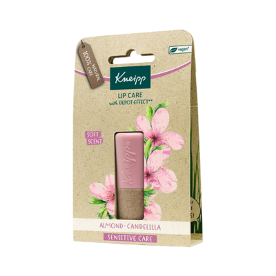 Bálsamo labial Kneipp em embalagem de cartão com desenho floral rosa