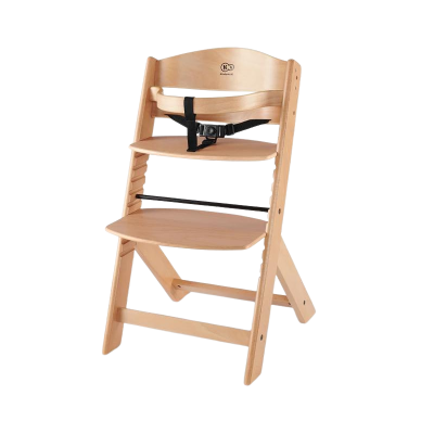 Cadeira alta infantil em madeira clara com cintos ajustáveis pretos e logótipo Kinderkraft