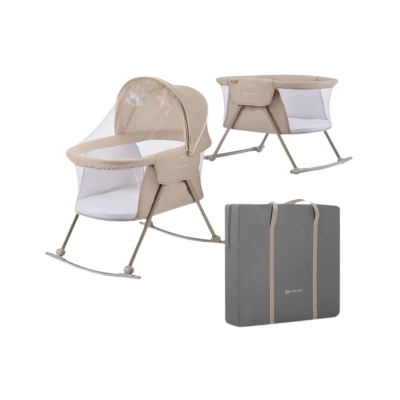 Cama de bebé bege com mosquiteiro e saco transportador cinzento