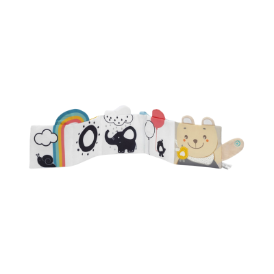 Livro de pano para bebés com ilustrações a preto e branco, arco-íris, balões e urso sorridente