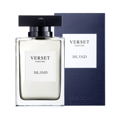 Frasco de perfume Verset Parfums Island com embalagem azul escura.