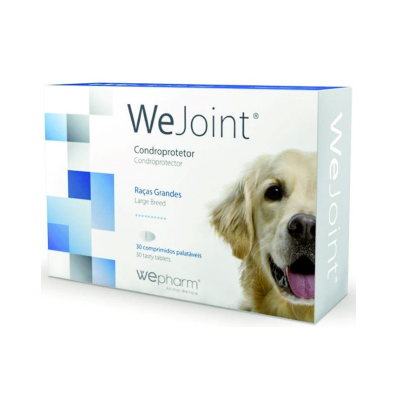 Embalagem WeJoint para cães de raças grandes com imagem de cão dourado