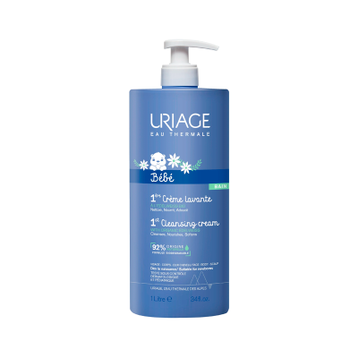 Frasco azul de creme de limpeza infantil Uriage Bébé com doseador branco