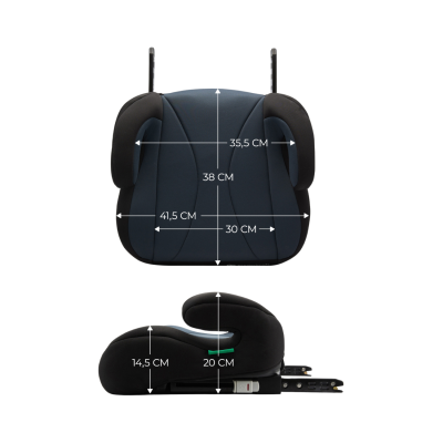 Assento elevatório azul escuro e preto com medidas indicadas e suporte metálico