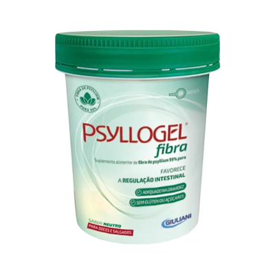 Pote de suplemento alimentar PSYLLOGEL fibra com tampa verde e texto informativo