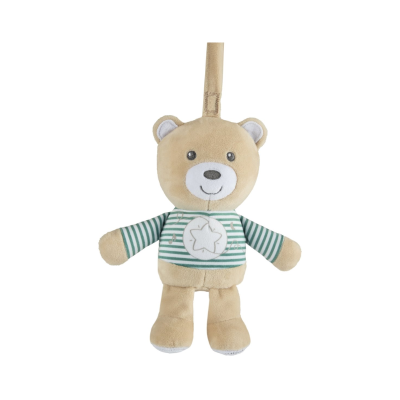 Ursinho de peluche castanho claro com camisa verde listrada