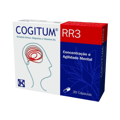 Embalagem de suplemento COGITUM RR3 em branco, azul e vermelho