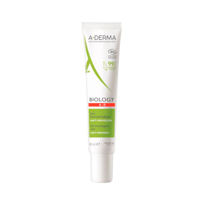Tubo branco de creme dermatológico A-DERMA BIOLOGY A•R anti-vermelhidão com 40 ml