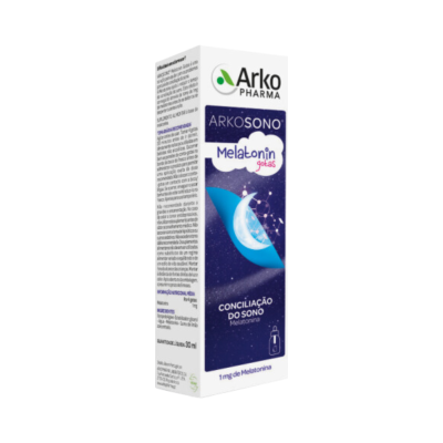 Embalagem branca Arko Pharma Arkosono Melatonin gotas com lua azul e fundo estrelado