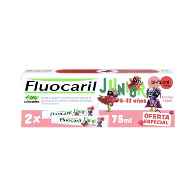 Embalagem de pasta de dentes Fluocaril Junior com personagens coloridos para crianças